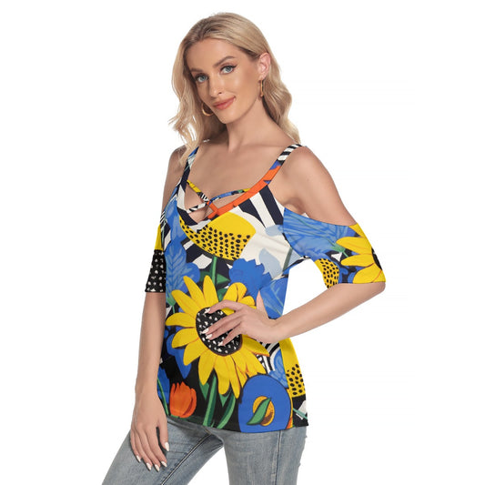 All-Over Print Women's Cold Shoulder T-shirt With Criss Cross Strips