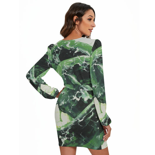 All-Over Print Women's Long Sleeve Dress With Waist Belt