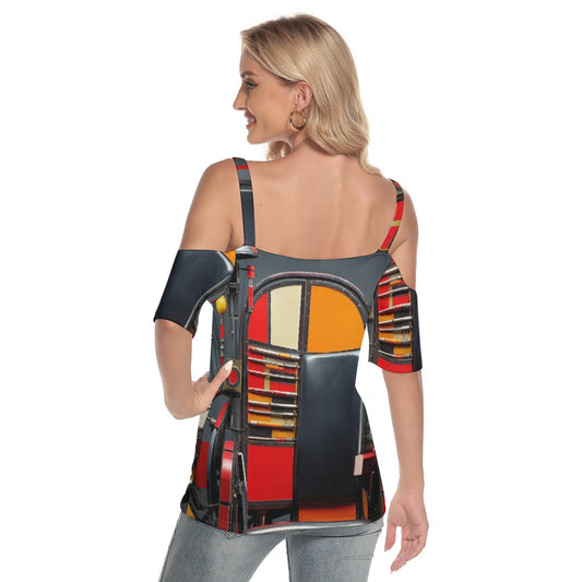 All-Over Print Women's Cold Shoulder T-shirt With Criss Cross Strips