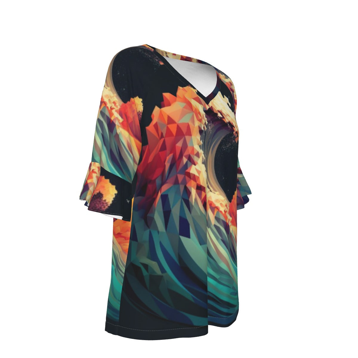 All-Over Print V-neck Women's T-shirt With Bell Sleeve