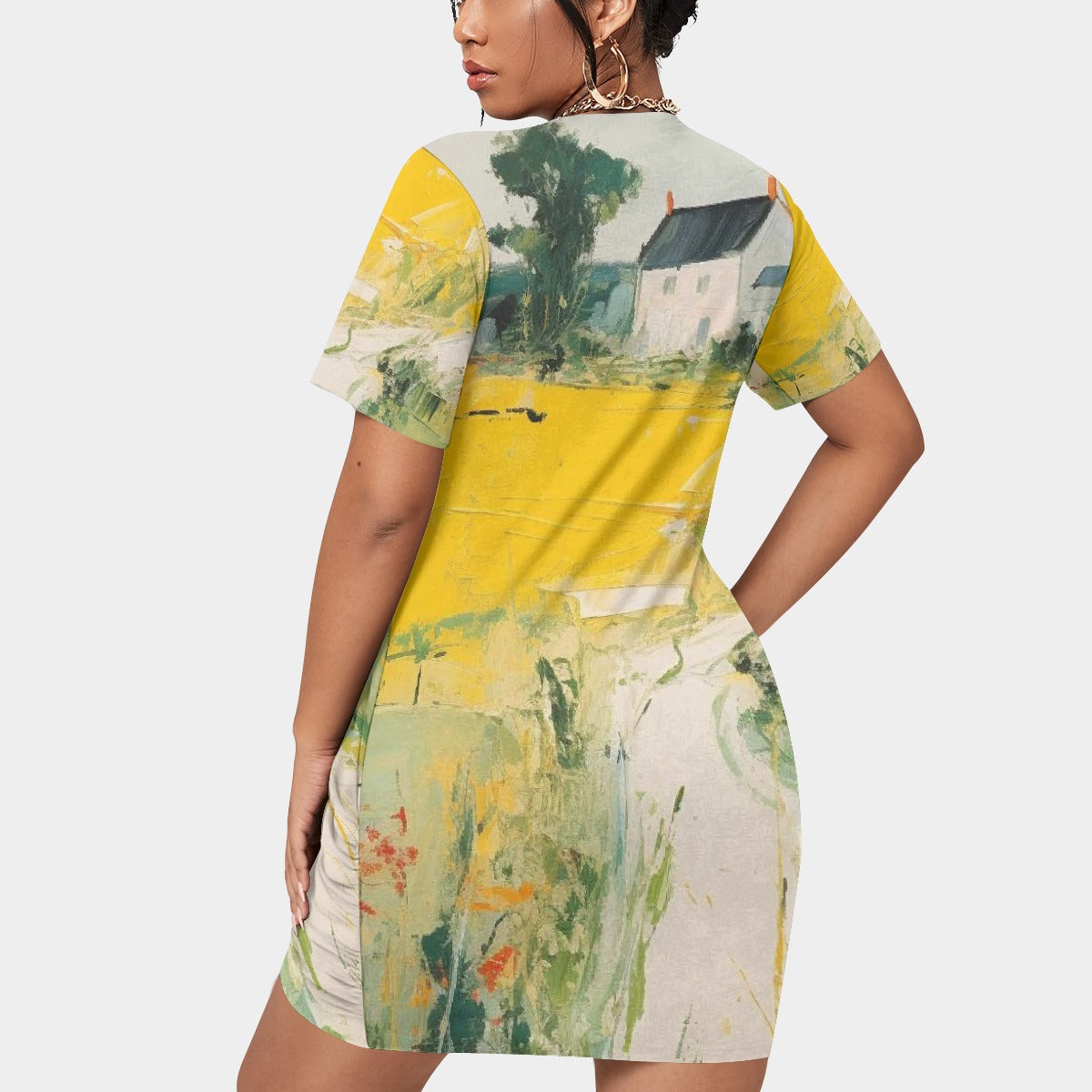 All-Over Print Women’s Stacked Hem Dress With Short Sleeve（Plus Size）