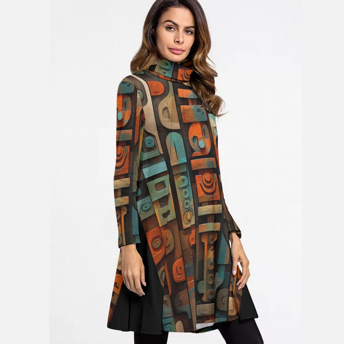 All-Over Print Women's High Neck Dress With Long Sleeve