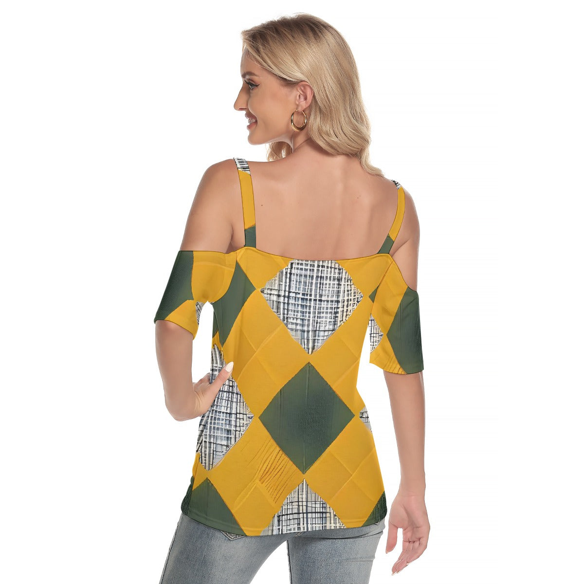 All-Over Print Women's Cold Shoulder T-shirt With Criss Cross Strips