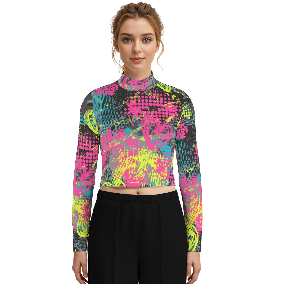 Eco-Friendly All-Over Print Women's Turtleneck T-shirt With Long Sleeve