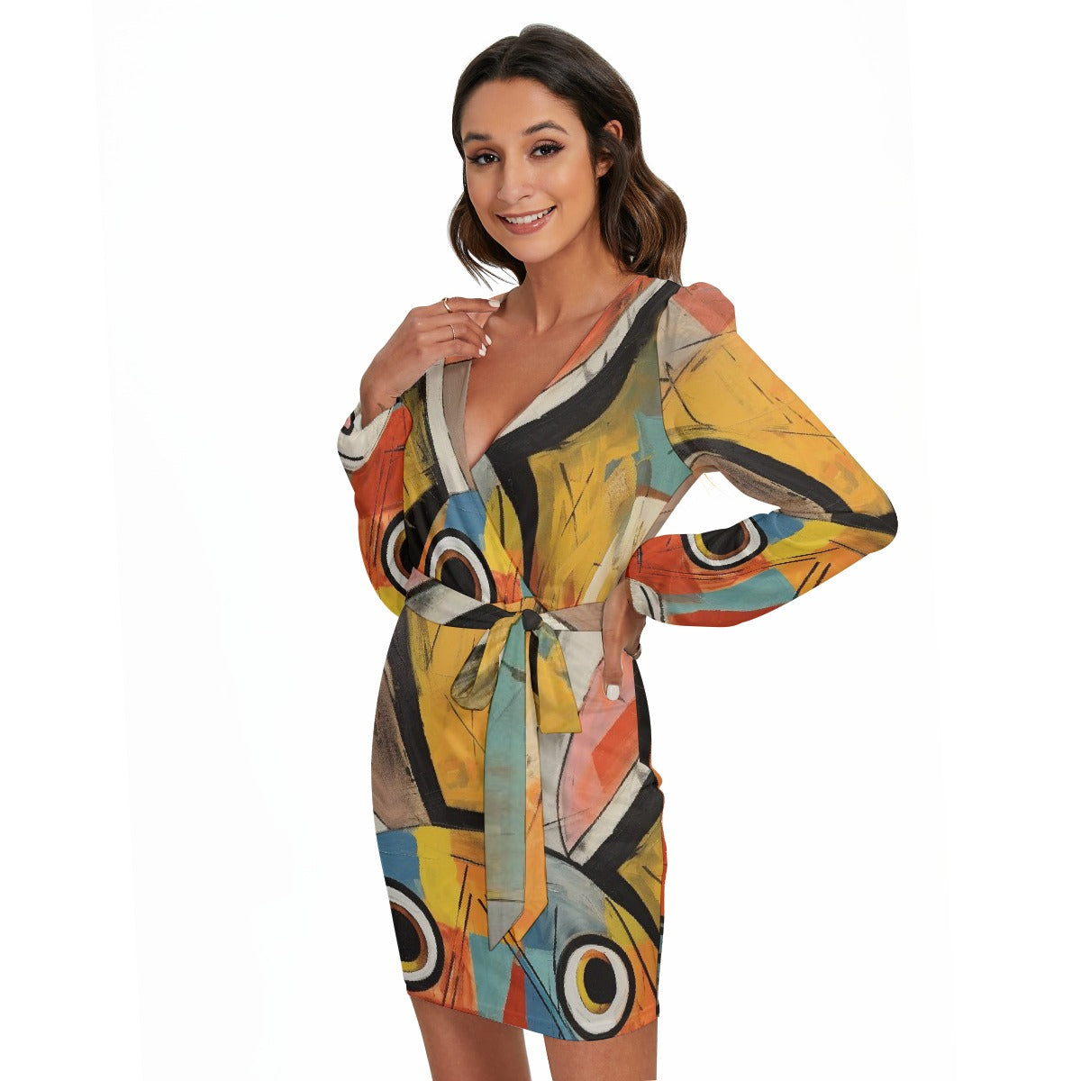 All-Over Print Women's Long Sleeve Dress With Waist Belt