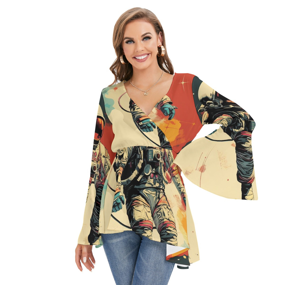 All-Over Print Women's V-neck Blouse With Flared Sleeves