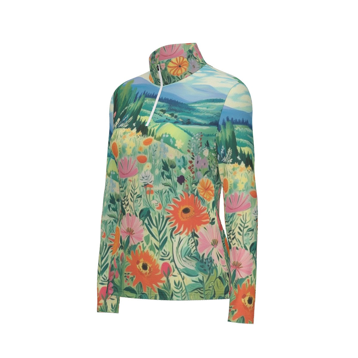 All-Over Print Women's Sports Collar Jersey With Long Sleeve