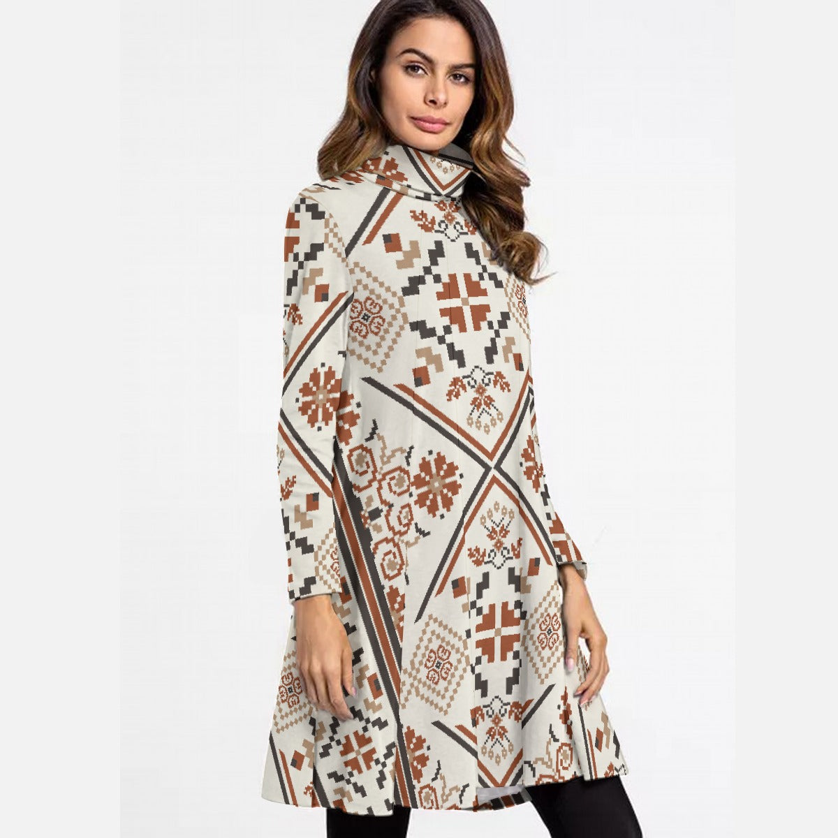 All-Over Print Women's High Neck Dress With Long Sleeve