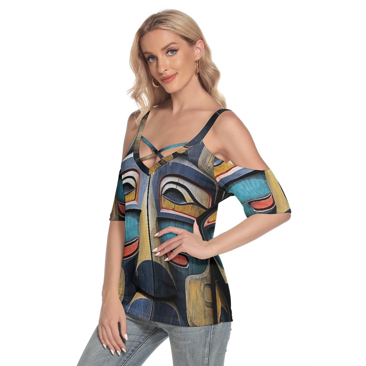 All-Over Print Women's Cold Shoulder T-shirt With Criss Cross Strips