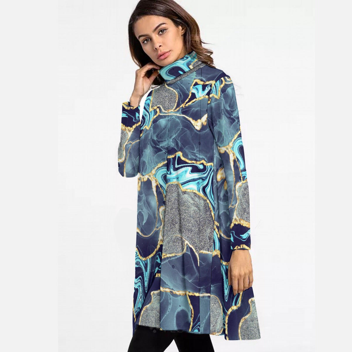 All-Over Print Women's High Neck Dress With Long Sleeve