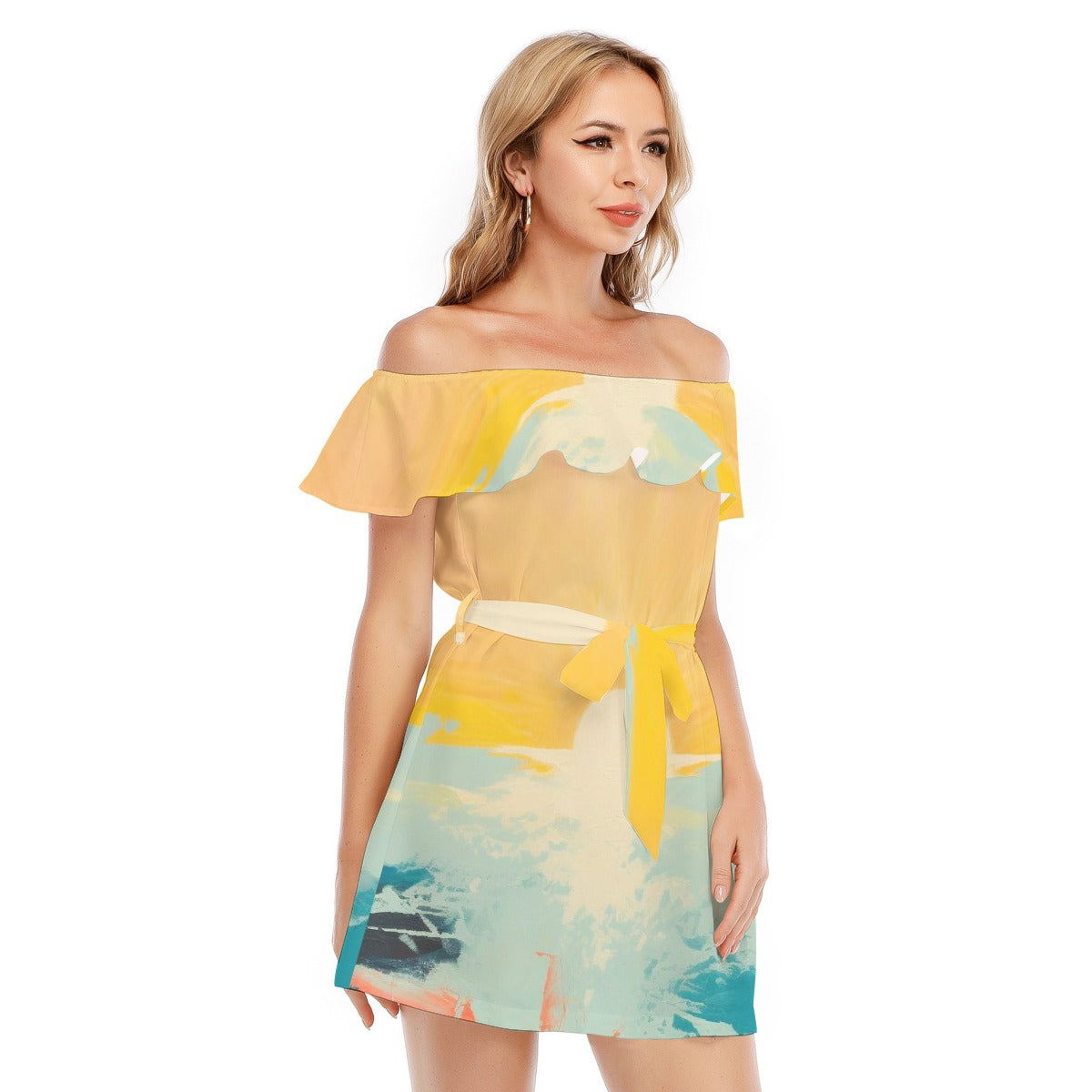 All-Over Print Women's Off-shoulder Dress With Ruffle