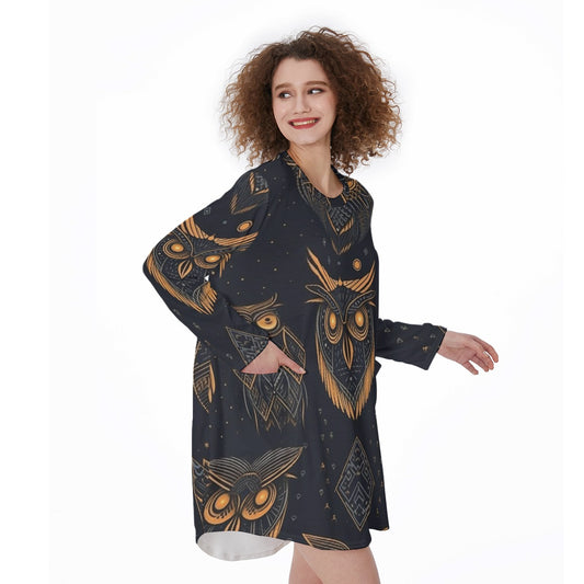 All-Over Print Women's Casual Loose Long Sleeve Dress With Pocket