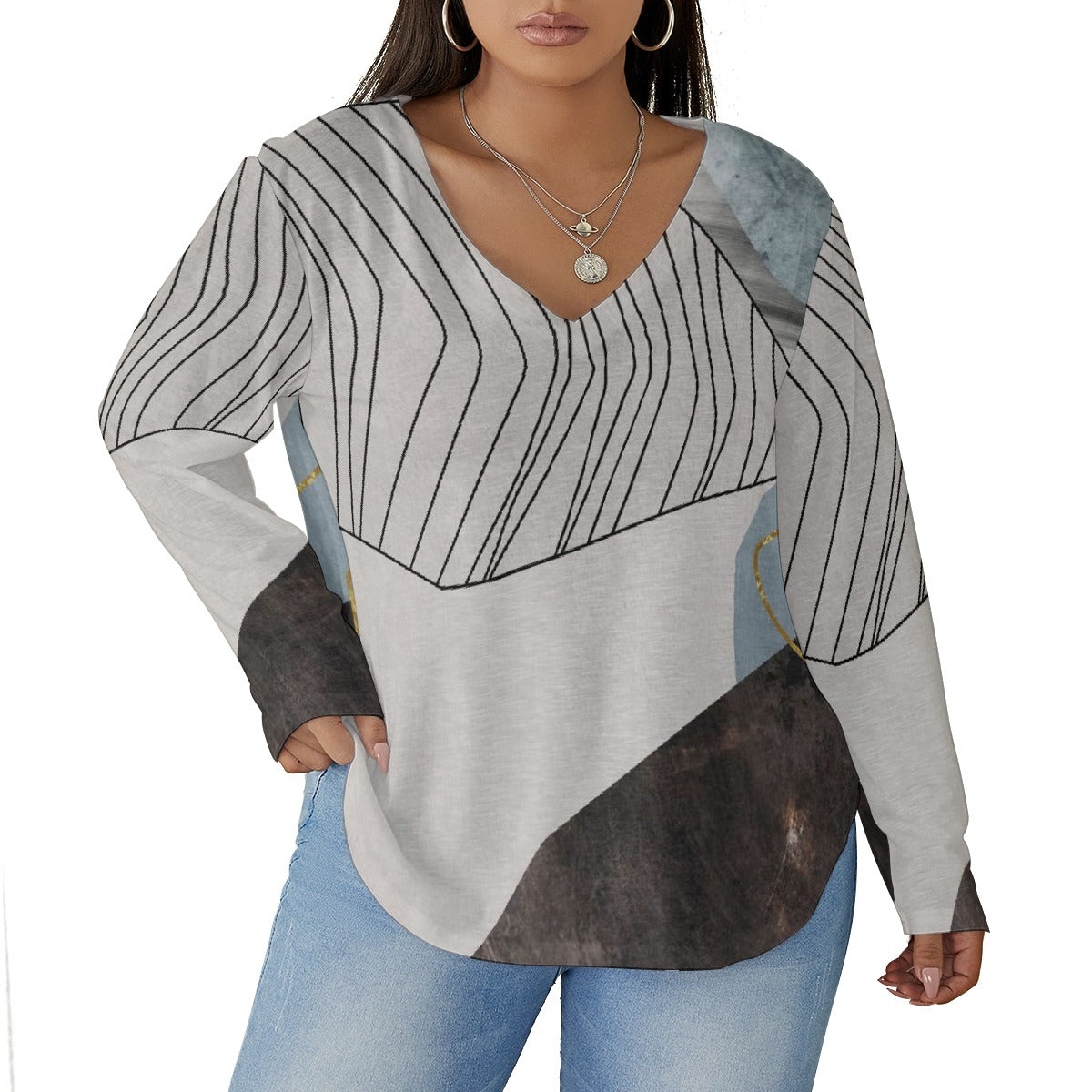 All-Over Print Women's V-neck T-shirt With Curved Hem(Plus Size)