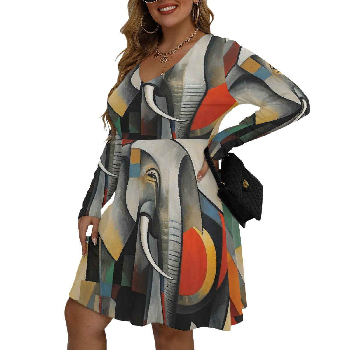 All-Over Print Women's V-neck Long Sleeve Dress(Plus Size)