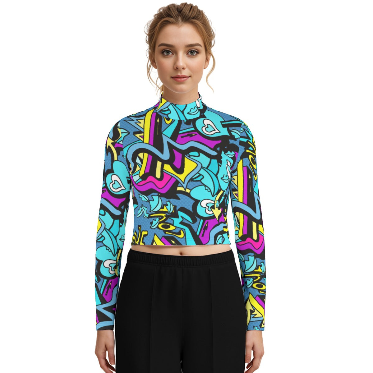 Eco-Friendly All-Over Print Women's Turtleneck T-shirt With Long Sleeve