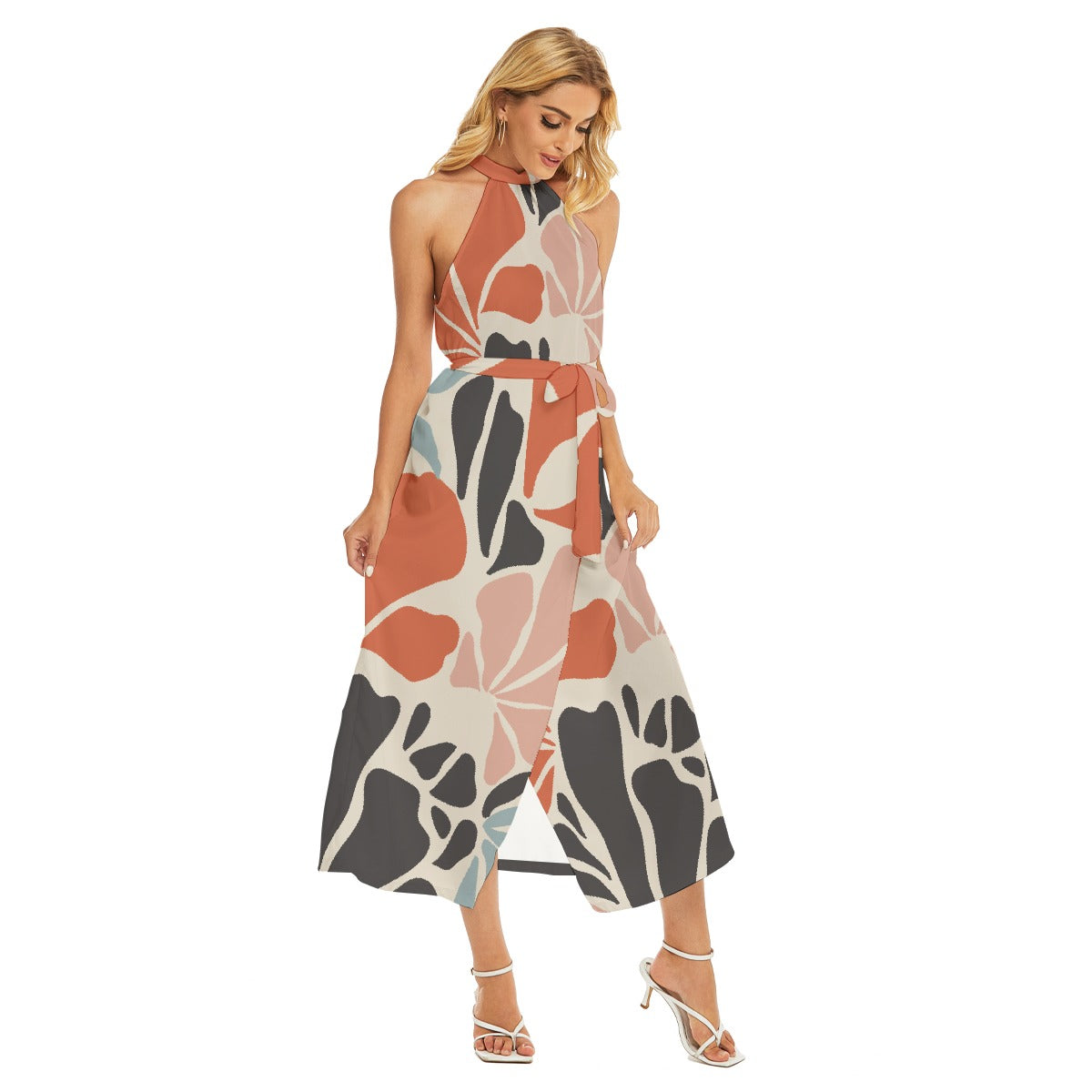 All-Over Print Women's Wrap Hem Belted Halter Dress