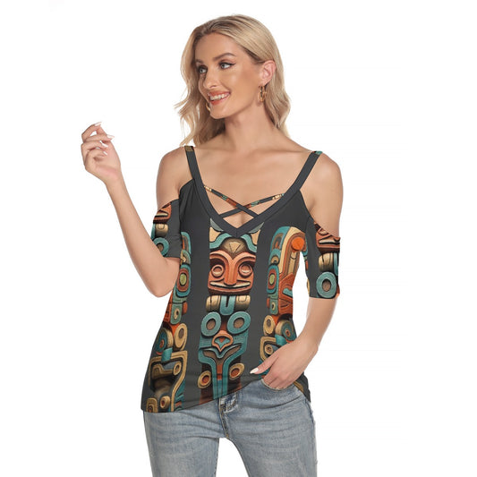 All-Over Print Women's Cold Shoulder T-shirt With Criss Cross Strips