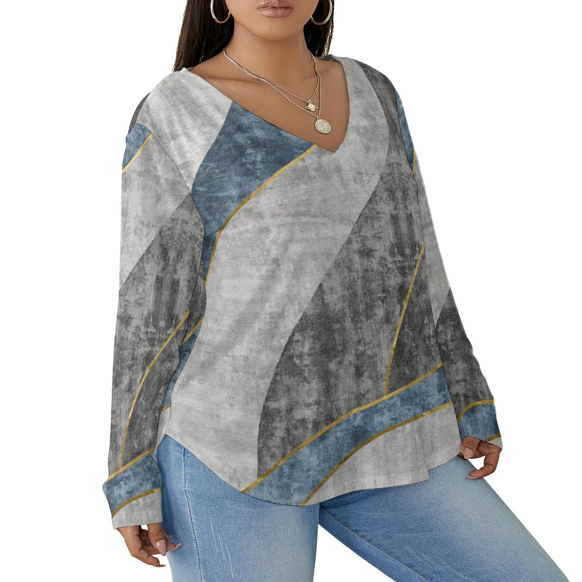 All-Over Print Women's V-neck T-shirt With Curved Hem(Plus Size)