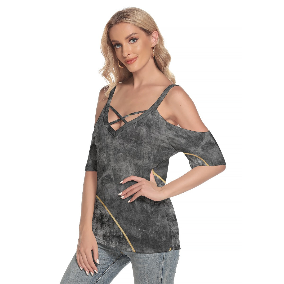 All-Over Print Women's Cold Shoulder T-shirt With Criss Cross Strips