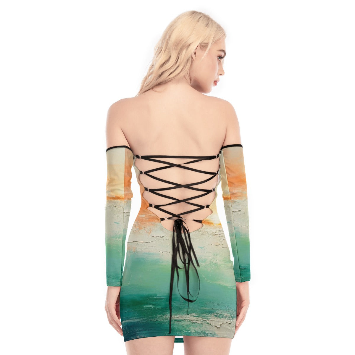 All-Over Print Women's Off-shoulder Back Lace-up Dress