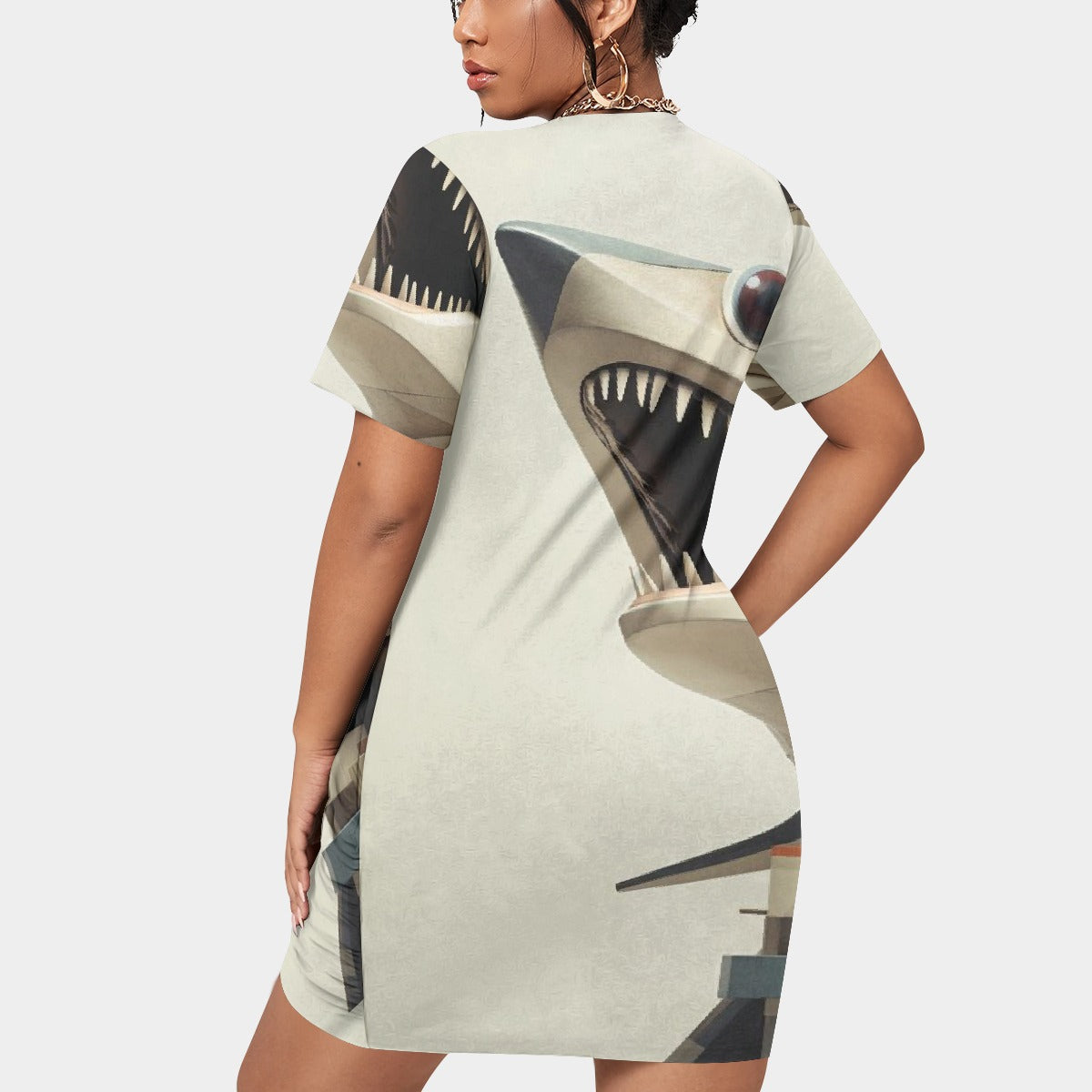 All-Over Print Women’s Stacked Hem Dress With Short Sleeve（Plus Size）