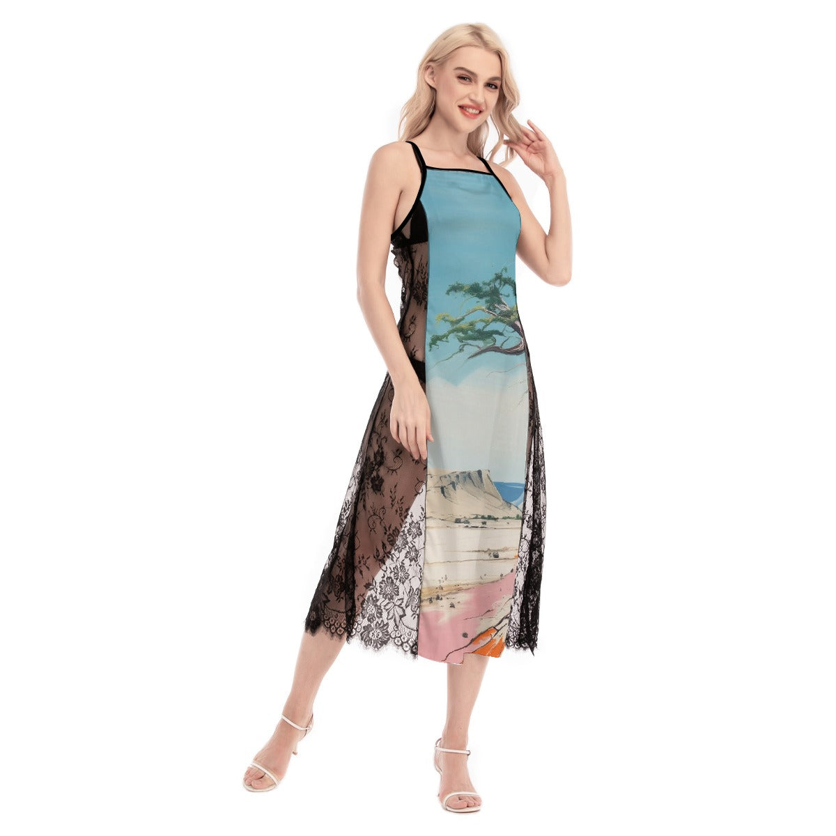 All-Over Print Women's Lace Cami Cross Back Dress