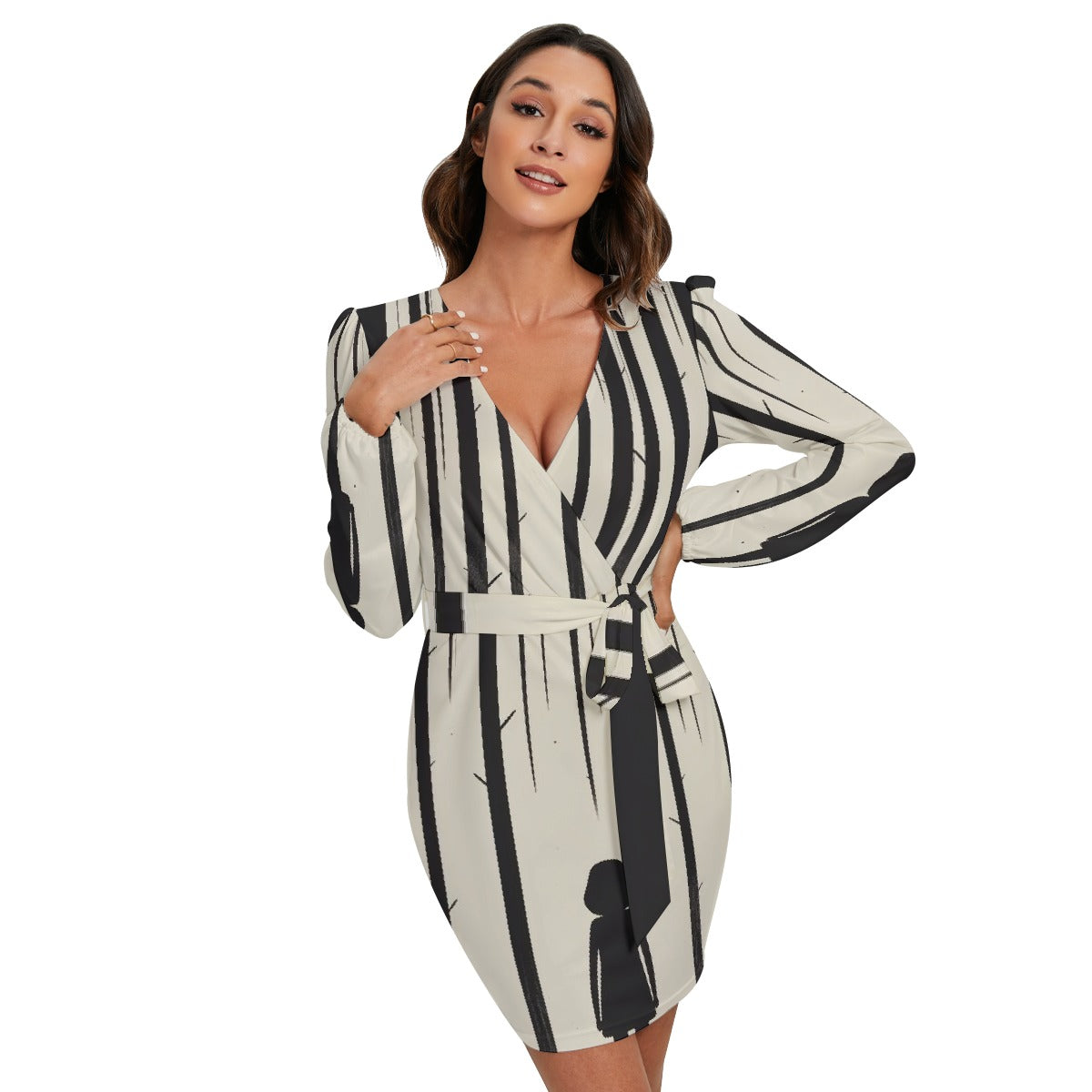 All-Over Print Women's Long Sleeve Dress With Waist Belt