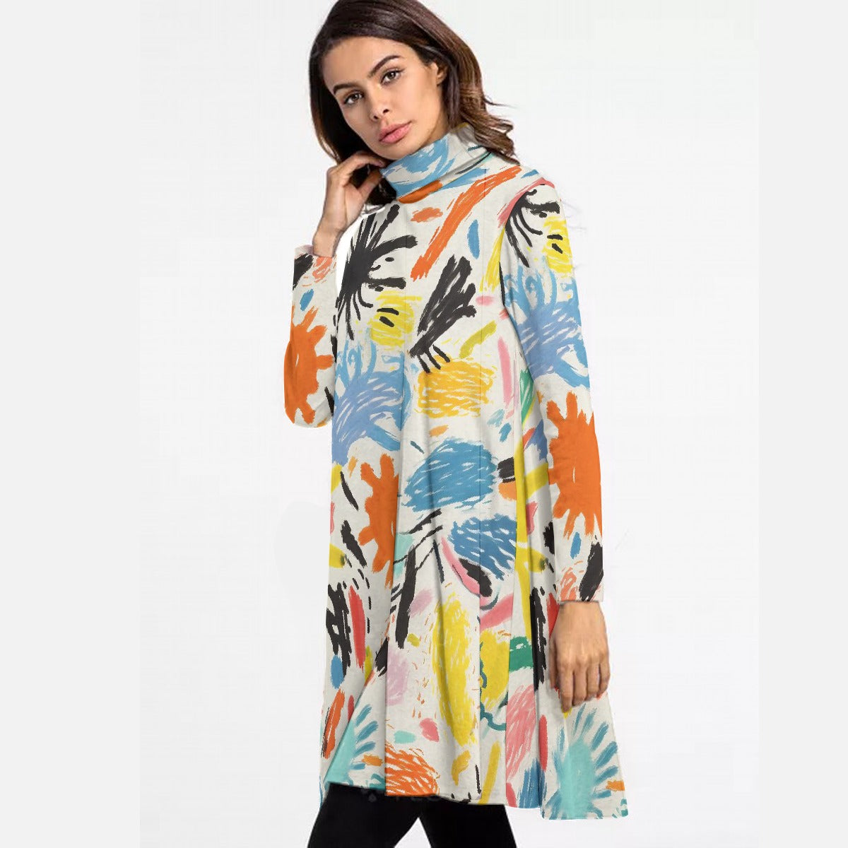 All-Over Print Women's High Neck Dress With Long Sleeve