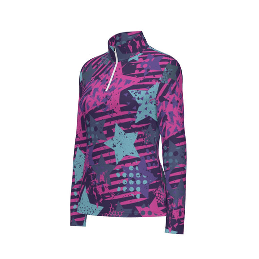 All-Over Print Women's Sports Collar Jersey With Long Sleeve