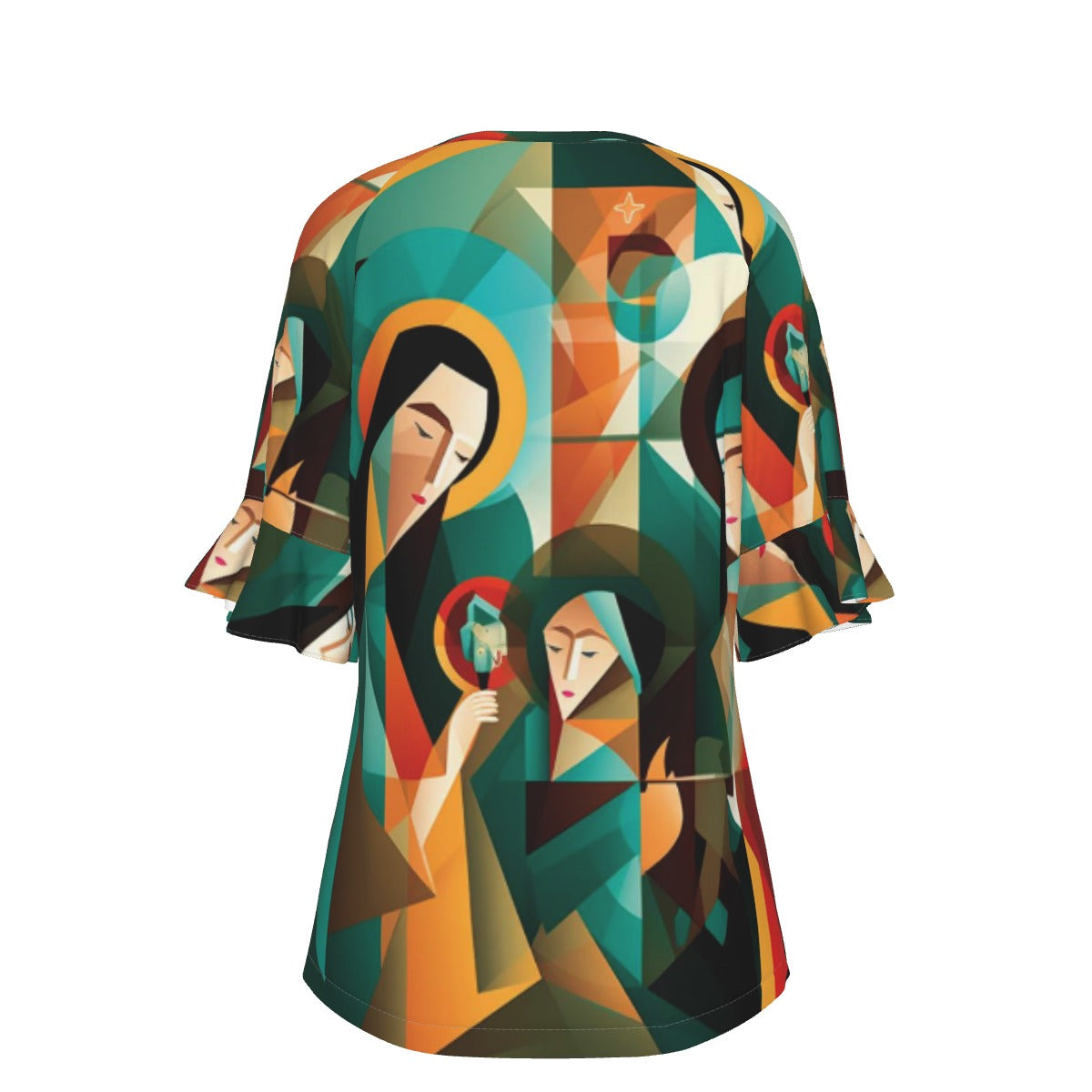 All-Over Print V-neck Women's T-shirt With Bell Sleeve