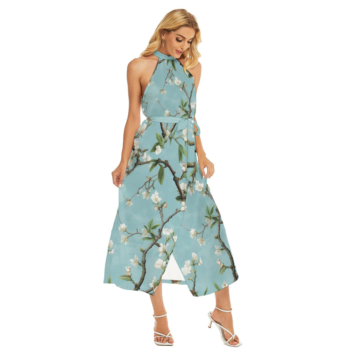 All-Over Print Women's Wrap Hem Belted Halter Dress