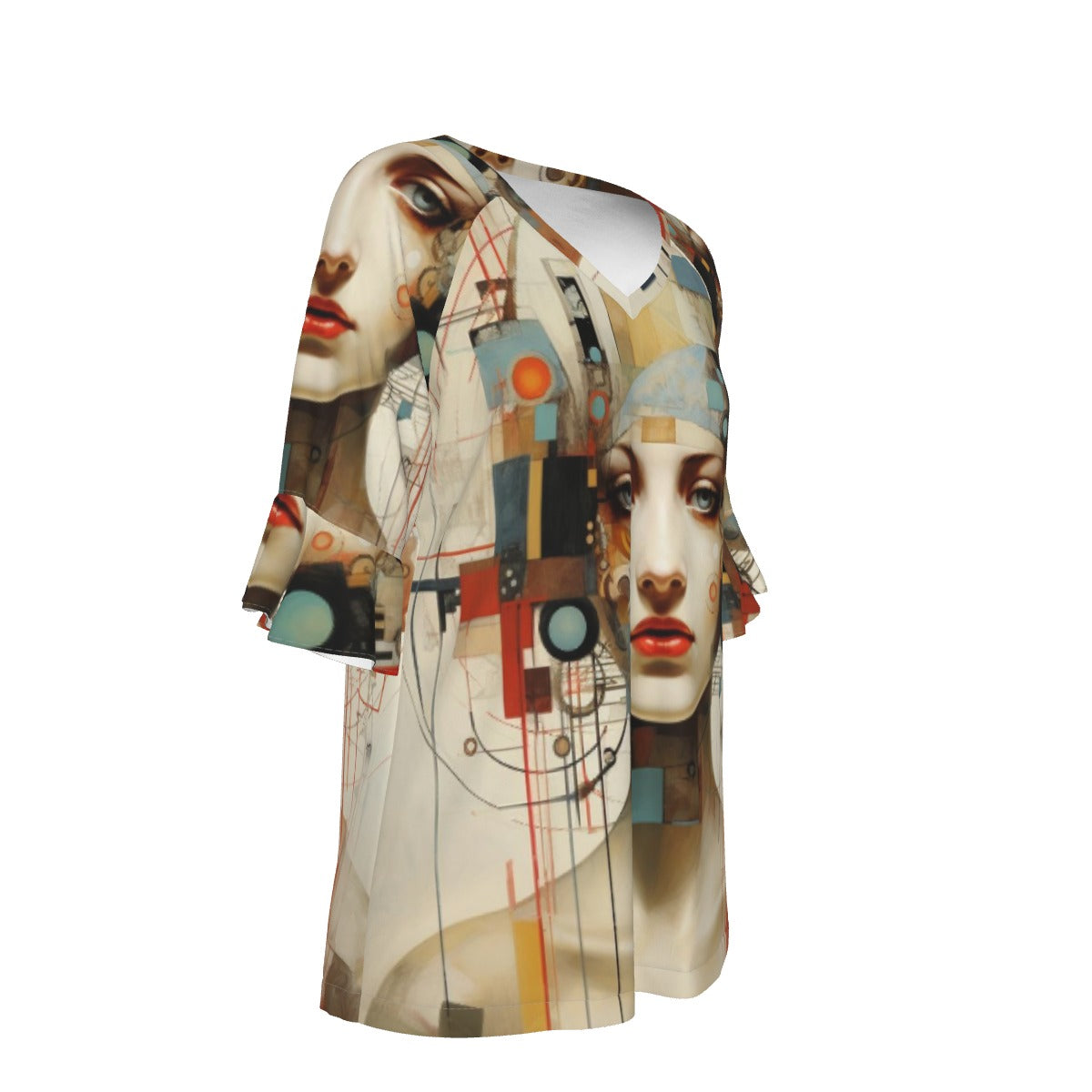 All-Over Print V-neck Women's T-shirt With Bell Sleeve