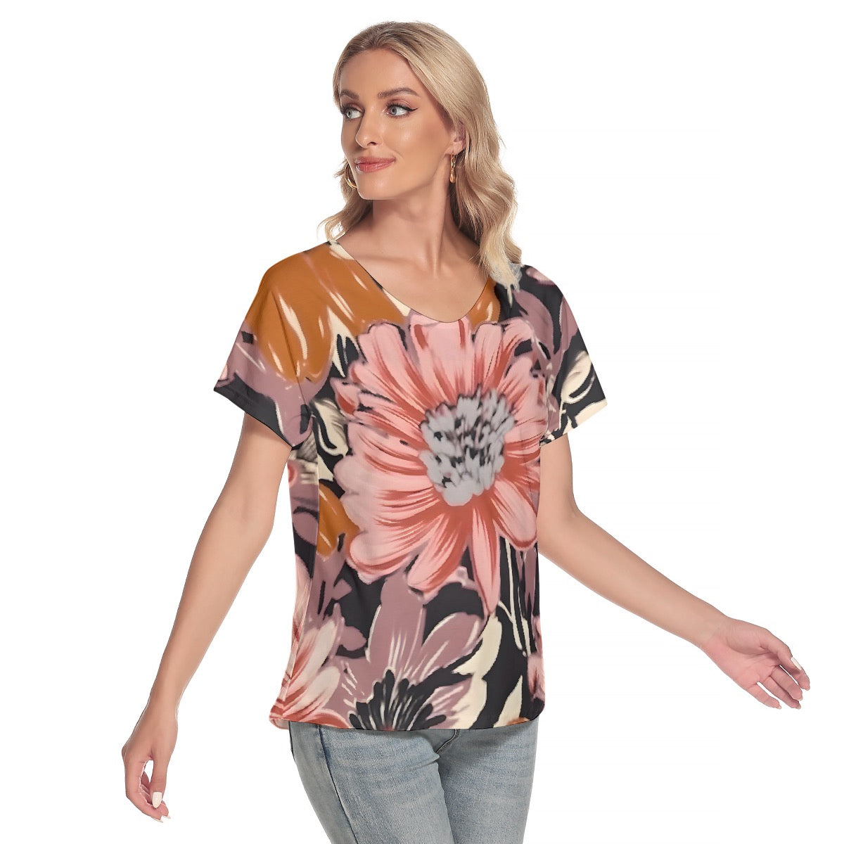 All-Over Print Women's Loose V-neck Short Sleeve T-shirt