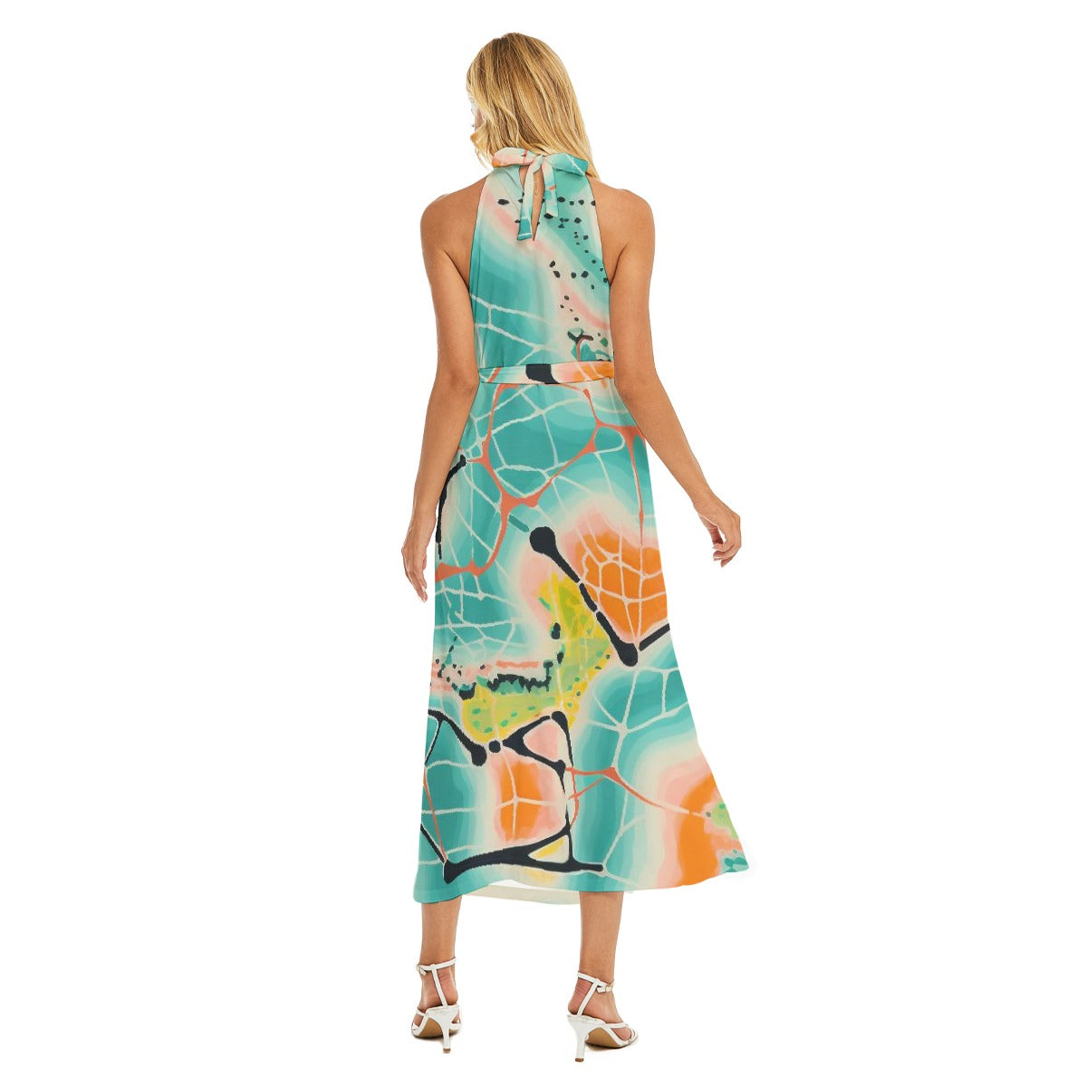 All-Over Print Women's Wrap Hem Belted Halter Dress