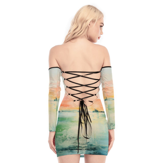 All-Over Print Women's Off-shoulder Back Lace-up Dress