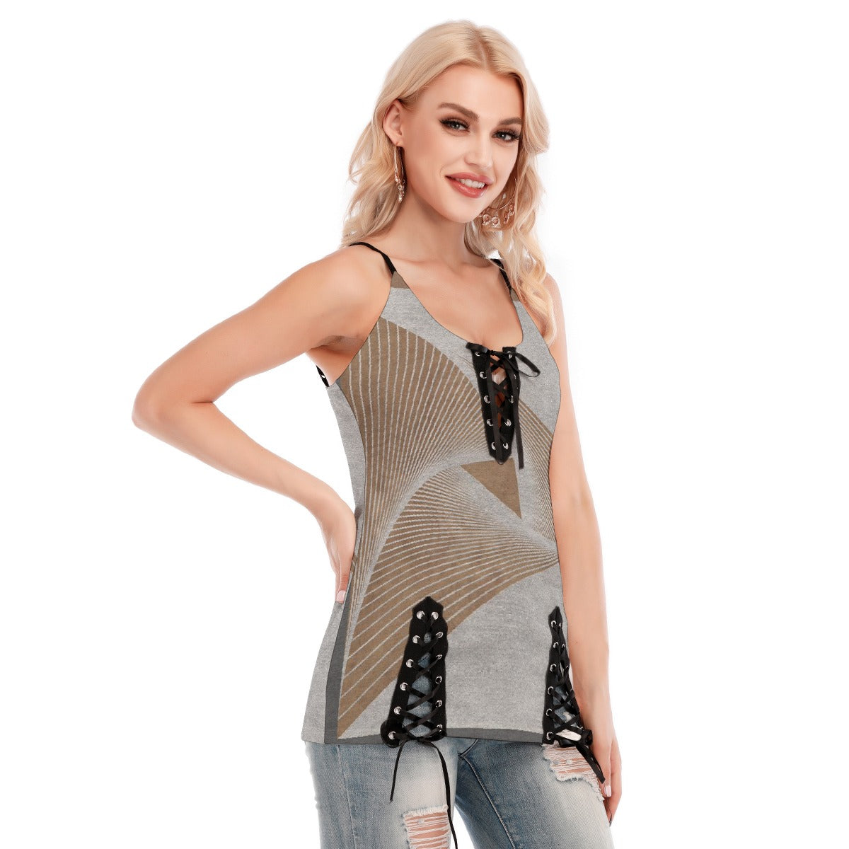 All-Over Print Women's V-neck Eyelet Lace-up Cami Dress