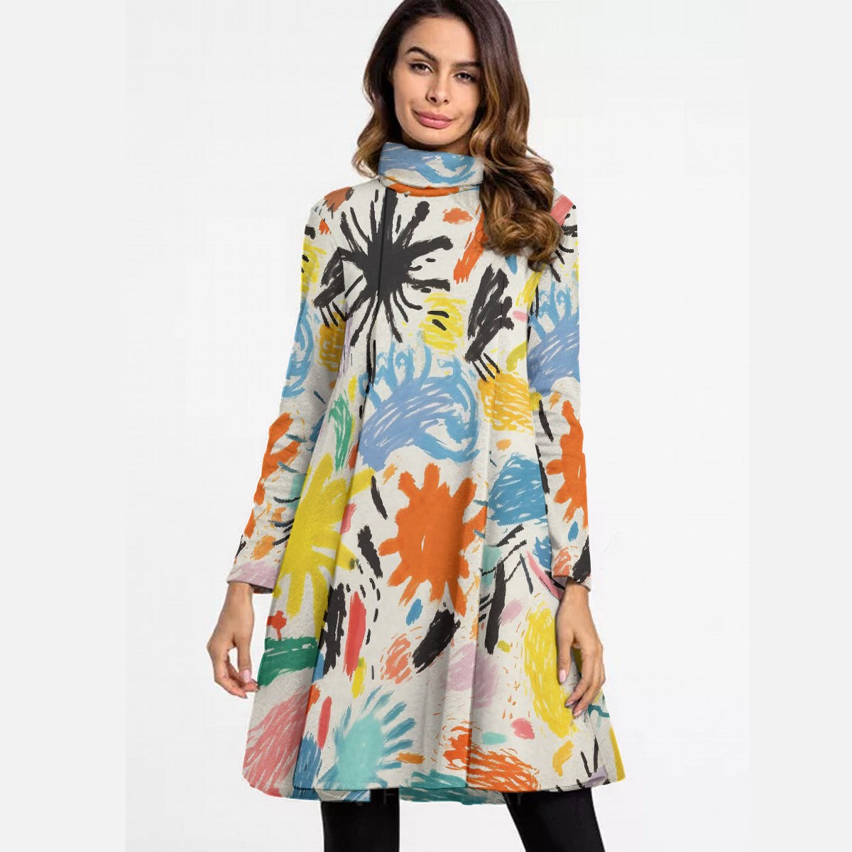 All-Over Print Women's High Neck Dress With Long Sleeve