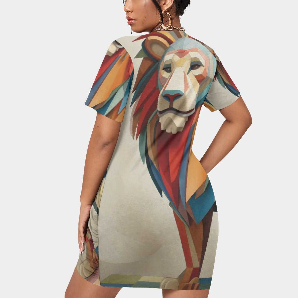 All-Over Print Women’s Stacked Hem Dress With Short Sleeve（Plus Size）