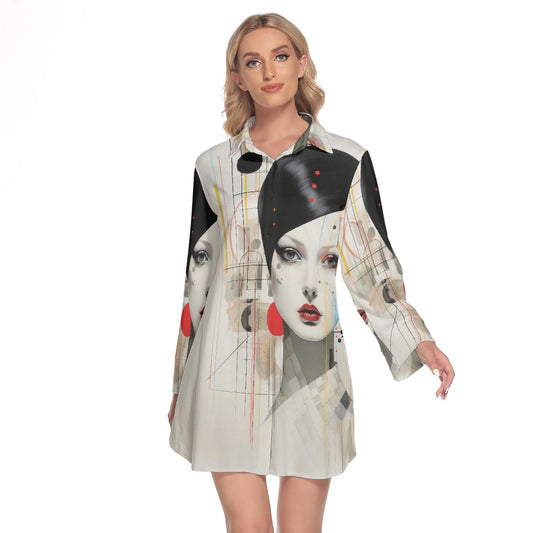 All-Over Print Women's Lapel Shirt Dress With Long Sleeve