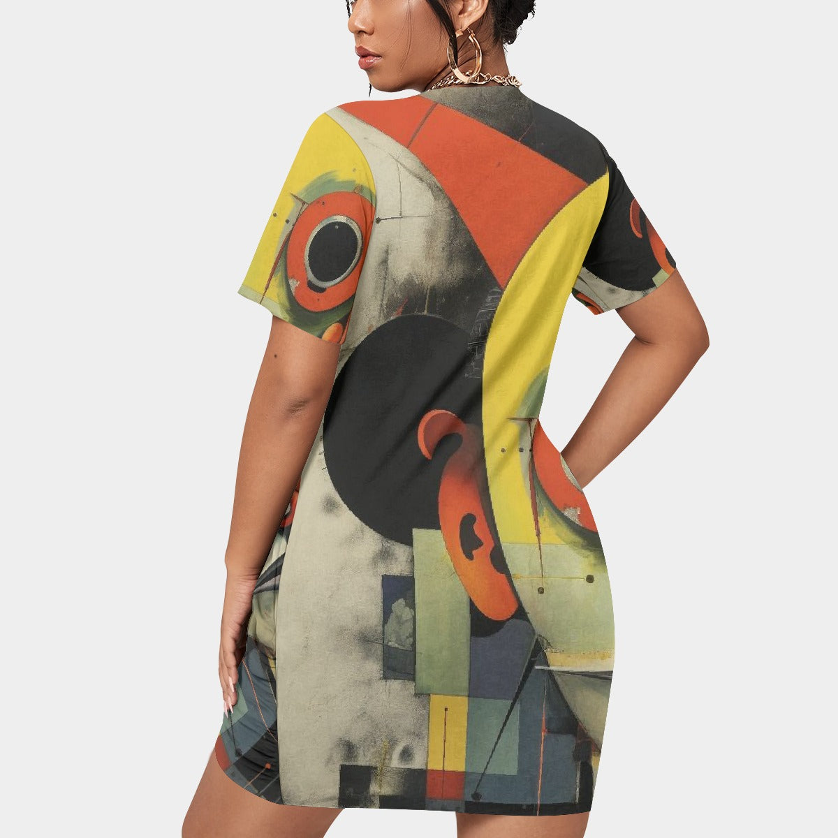 All-Over Print Women’s Stacked Hem Dress With Short Sleeve（Plus Size）