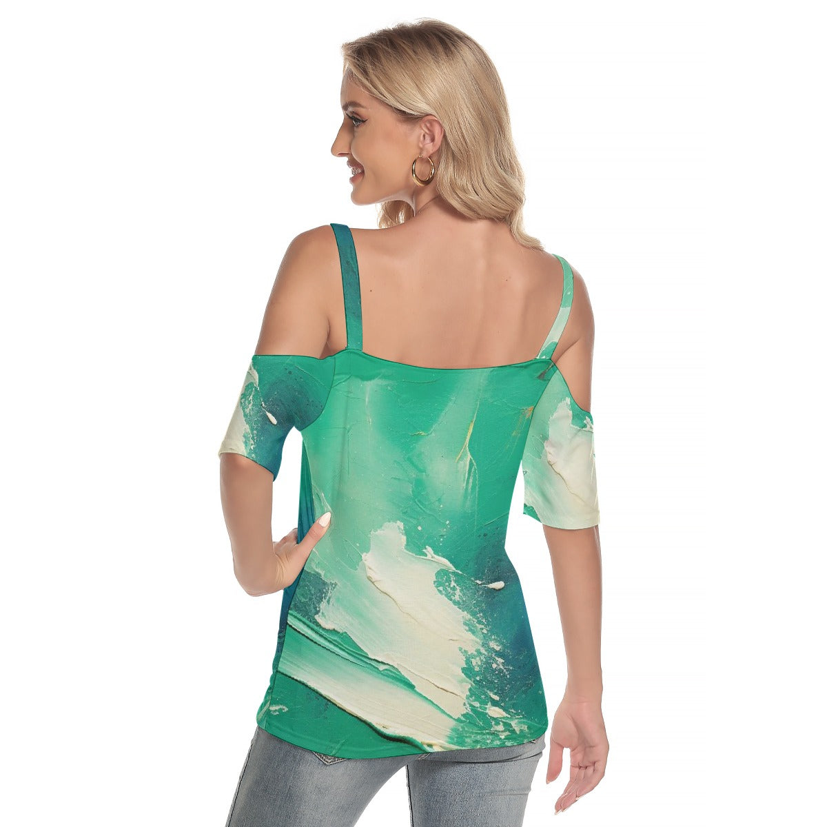 All-Over Print Women's Cold Shoulder T-shirt With Criss Cross Strips