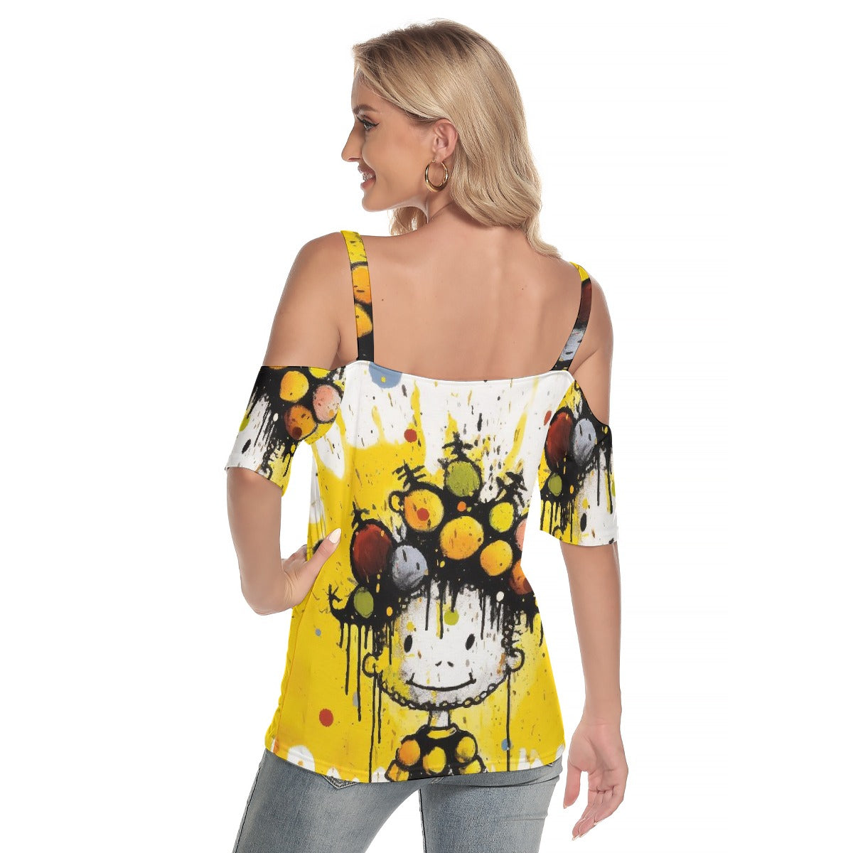 All-Over Print Women's Cold Shoulder T-shirt With Criss Cross Strips