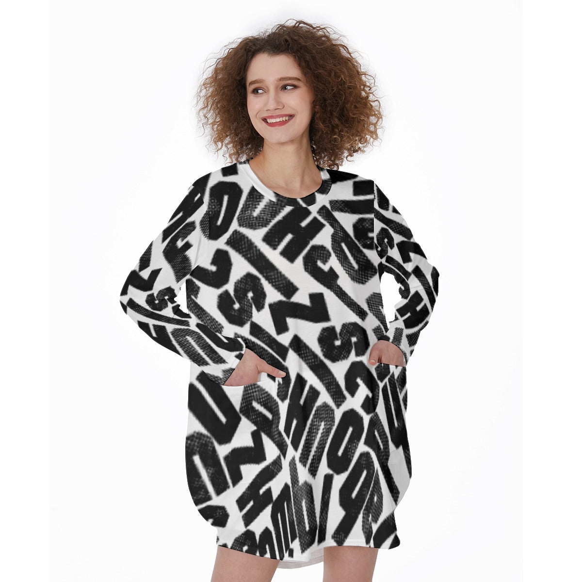 All-Over Print Women's Casual Loose Long Sleeve Dress With Pocket