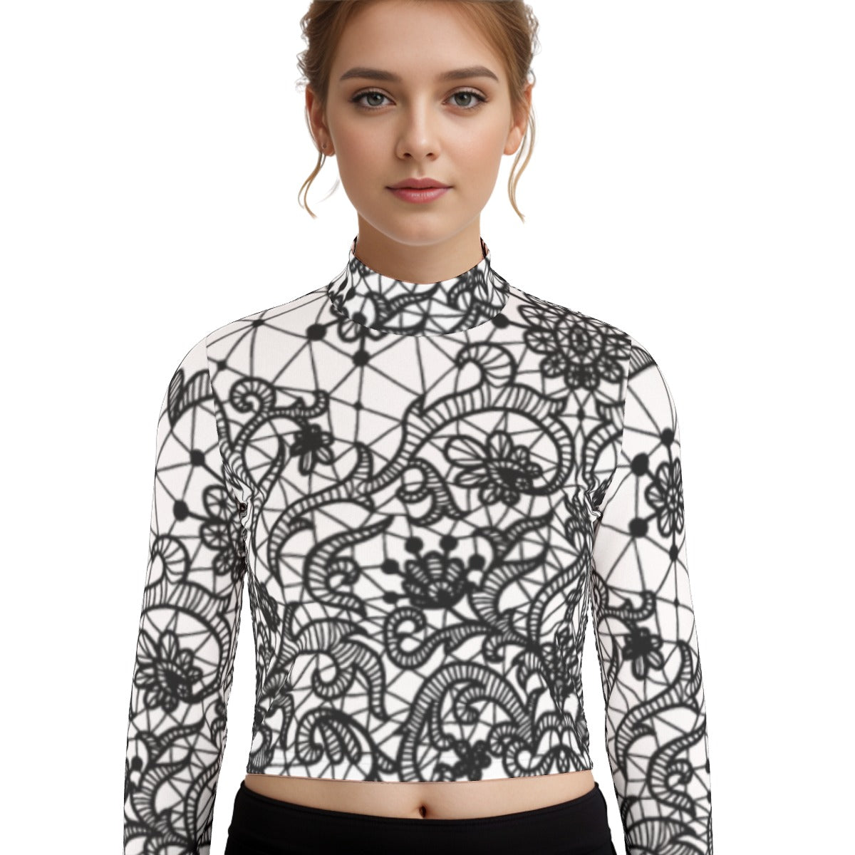 Eco-Friendly All-Over Print Women's Turtleneck T-shirt With Long Sleeve