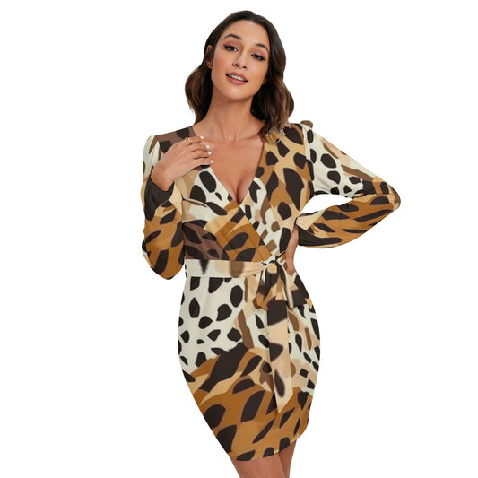 All-Over Print Women's Long Sleeve Dress With Waist Belt