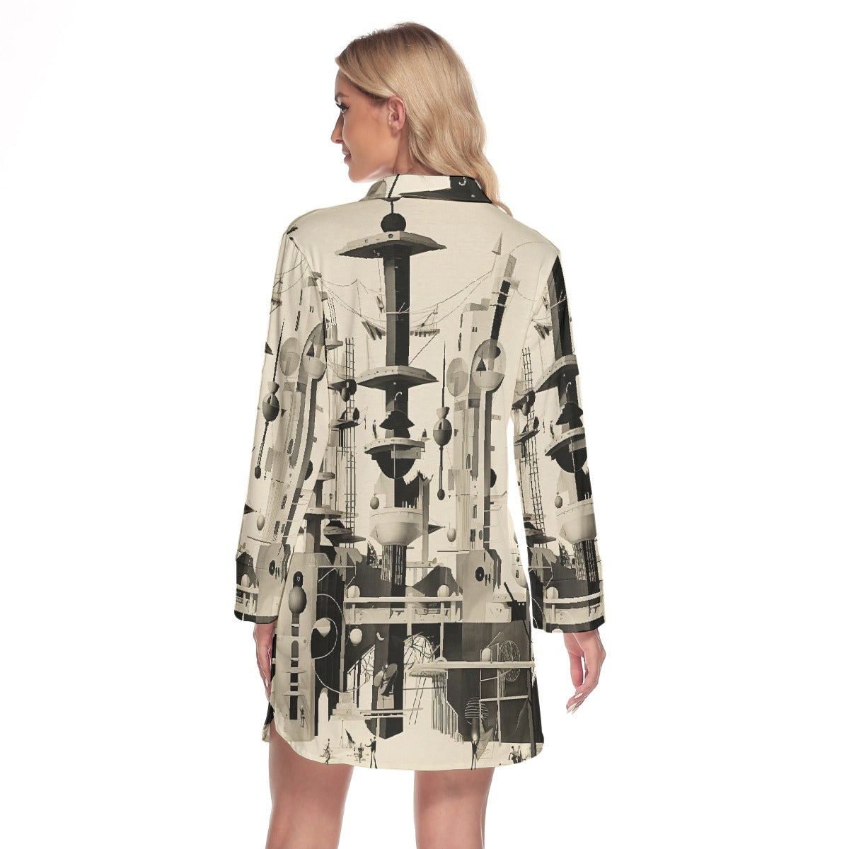 All-Over Print Women's Lapel Shirt Dress With Long Sleeve