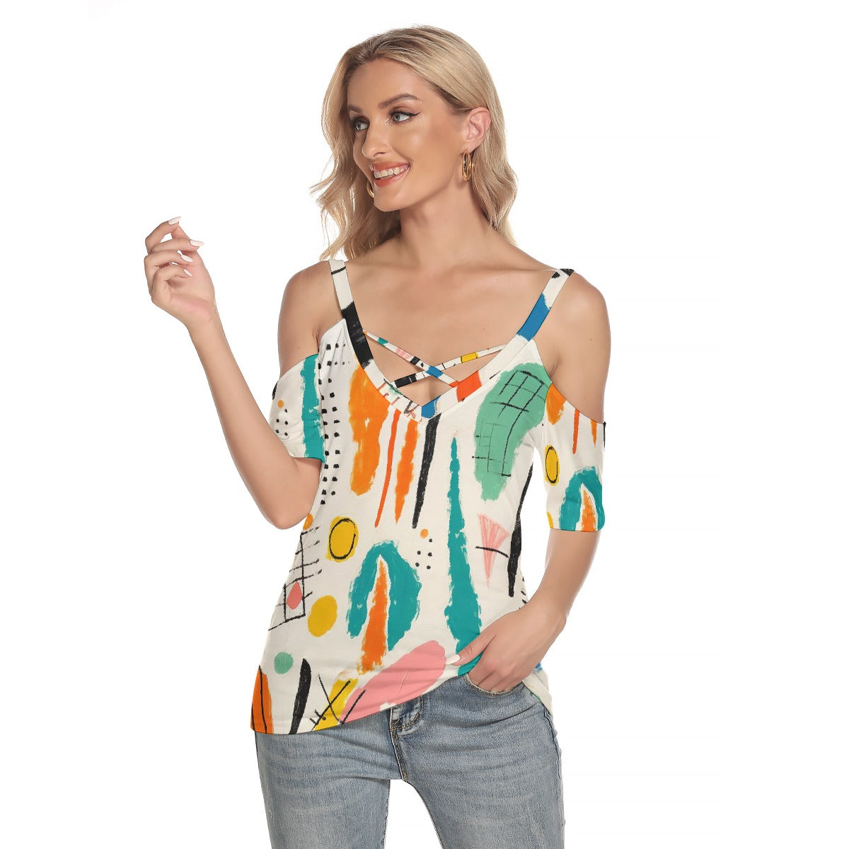 All-Over Print Women's Cold Shoulder T-shirt With Criss Cross Strips