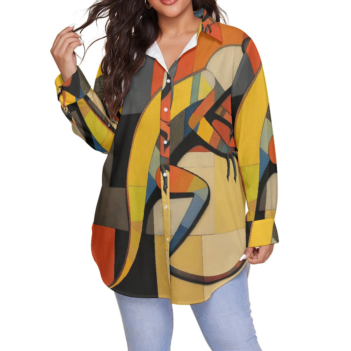 All-Over Print Women's Shirt With Long Sleeve(Plus Size)