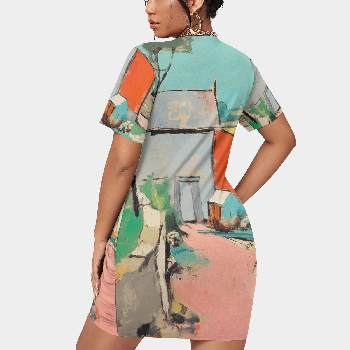 All-Over Print Women’s Stacked Hem Dress With Short Sleeve（Plus Size）