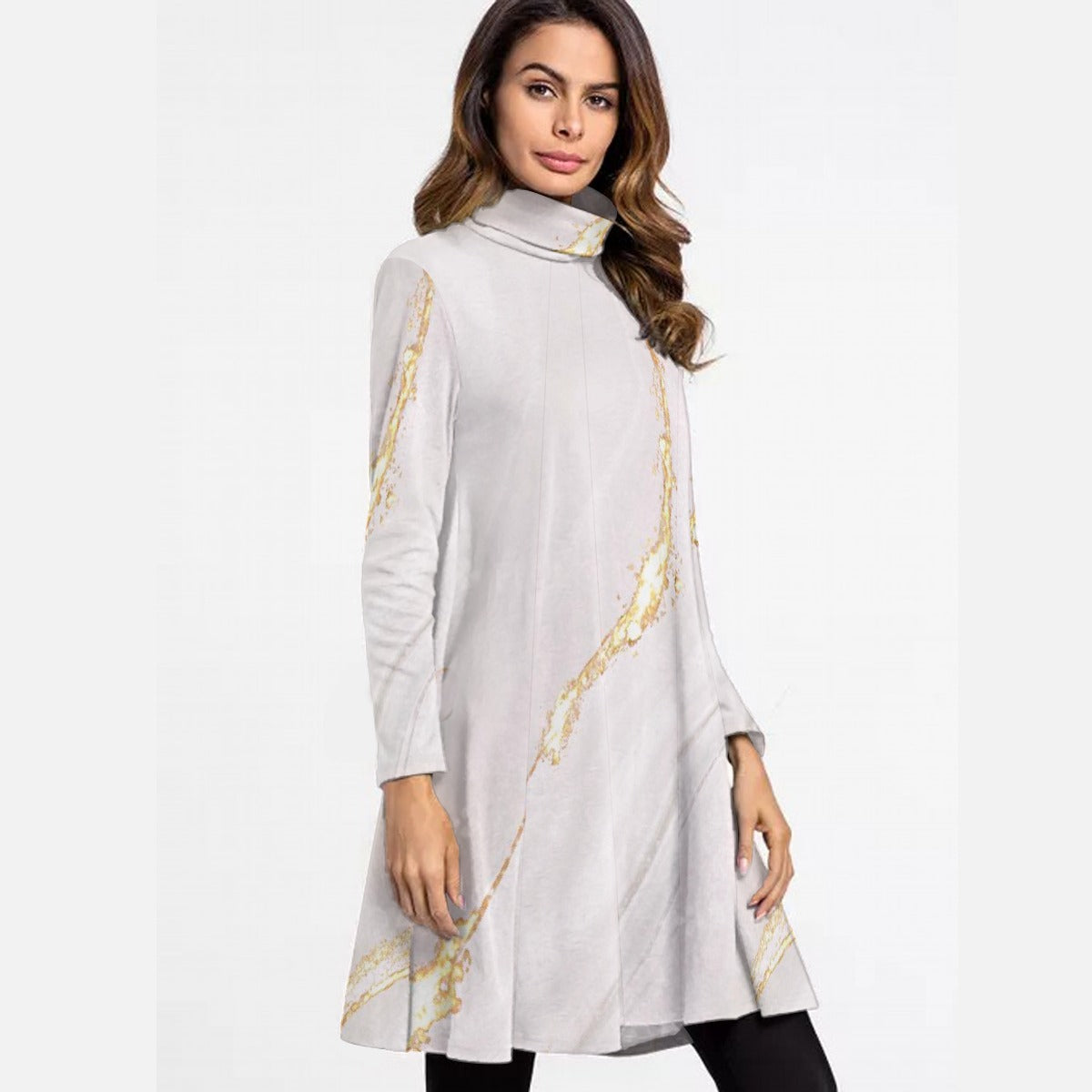 All-Over Print Women's High Neck Dress With Long Sleeve